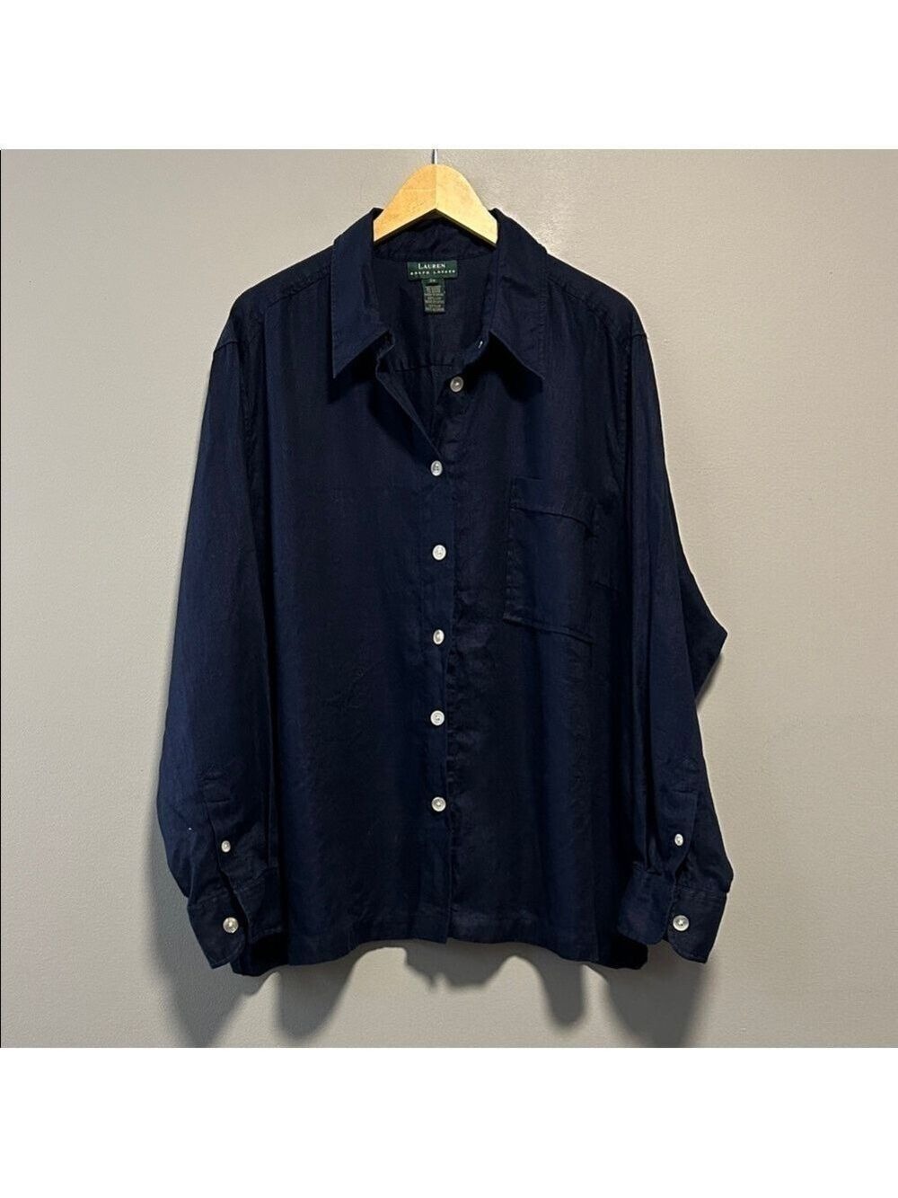 Lauren Ralph Lauren Coastal Navy Blue Linen Button Down Shirt Size 3X